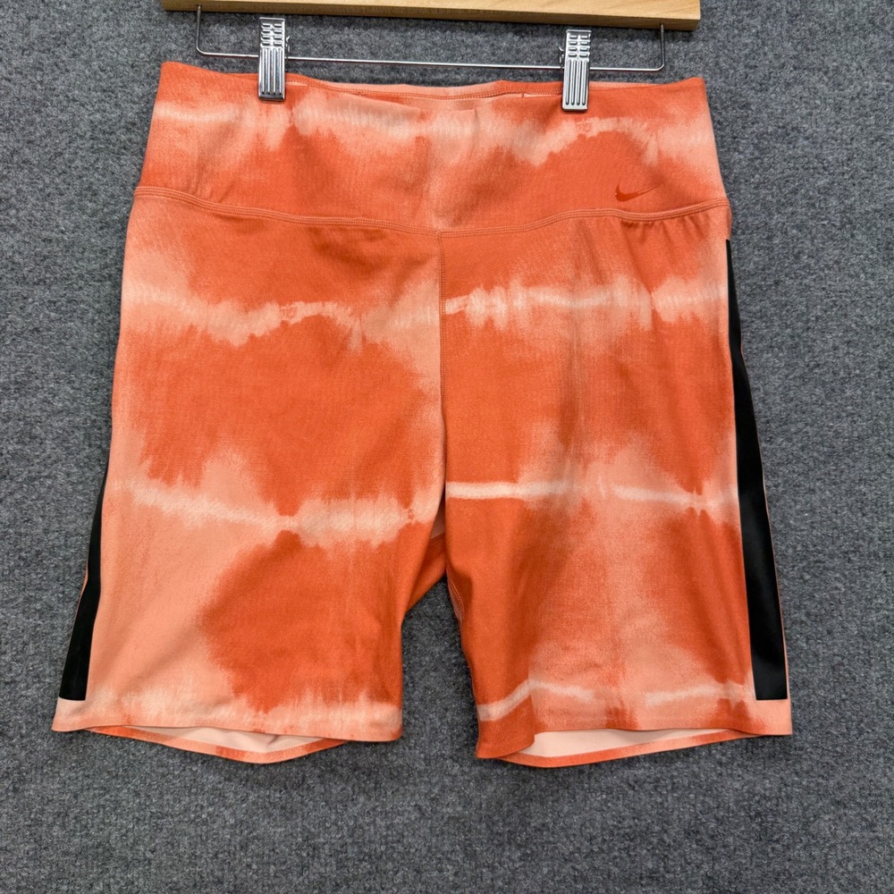Nike Dri-FIT‎ Womens Orange Tie Dye Biker Shorts High Waisted Athletic Size L